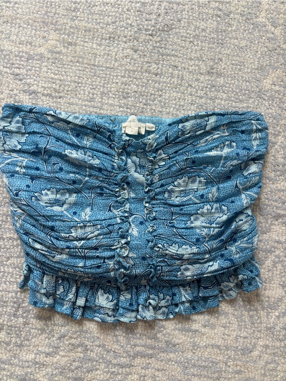 Anthropologie Blue Floral Ruched Strapless Crop